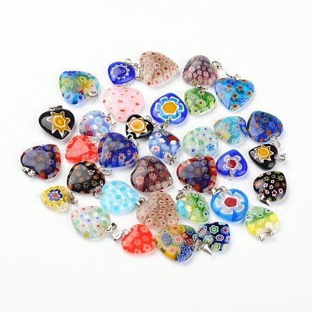 Mixed Pattern Heart Handmade Millefiori Glass Pendants LAMP-I011-01-1