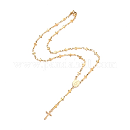 304ステンレススチール製ロザリオビーズネックレス  聖母マリアとオーバル  クロス  ゴールドカラー  17.16インチ（43.6cm） NJEW-E133-02G-1