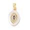 Brass Micro Pave Cubic Zirconia Pendants, with Shell, Oval Charms, FireBrick, 16x10x3mm, Hole: 4x2mm