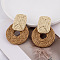 Rectangle with Flat Round Alloy Raffia Dangle Stud Earrings, Camel, 60mm