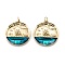 Brass Enamel Pendants, with Jump Rings, Long-Lasting Plated, Flat Round with Boat, Dark Cyan, Real 18K Gold Plated, 27.5x25x2.5mm, Hole: 3.5mm