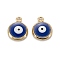 Brass Enamel Charms, with Jump Ring, Real 18K Gold Plated, Long-Lasting Plated, Lead Free & Nickel Free & Cadmium Free, Flat Round with Evil Eye, Dark Blue, 13x10x2.5mm, Hole: 1.2mm