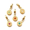 304 Stainless Steel Pendants Decoration, with Rhinestone & Lobster Claw Clasps, Ion Plating(IP), Flat Round, Real 14K Gold Plated, Mixed Color, 12.5x9x2.5mm