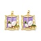 Brass Enamel Pendants, Cadmium Free & Nickel Free & Lead Free, with Natural Cultured Freshwater Pearl, Rectangle Charms, Real 18K Gold Plated, Lilac, 25x21x8.5mm, Hole: 4.5x2mm