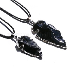 電気メッキ加工を施した天然黒曜石の矢じり型ペンダントネックレス（合成皮革コード付き）  プラチナ  13.78インチ（35cm）〜19.69インチ（50cm）