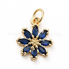 Micro Pave Bijoux de zircone cubique en laiton de placage en râtelier, Plaqué longue durée, sans plomb et sans cadmium, véritable 18k plaqué or, fleur, bleu de Prusse, 14.5x12x3mm, Trou: 3mm