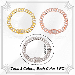 3 шт. 3 цвета цинковый сплав кристалл стразы кубинские звенья цепи браслеты на ногу&nbsp;BJEW-GA0001-13