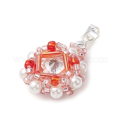 ガラスラインストーンとアクリルパールペンダント  花  銀  レッド  29x20x8mm  穴：3.5x4mm&nbsp;PALLOY-MZ00251-02