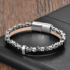 Bracciale da uomo a un filo in pelle intrecciata nera e acciaio inossidabile 316L con chiusura magnetica.&nbsp;WGA2BB7-02