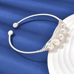 真鍮ワイヤーで巻かれた天然真珠のオープンカフバングル（女性用）  ラウンド  銀  内径：2.24インチ（5.7cm）〜2.30インチ（5.85cm）&nbsp;BJEW-D453-03S