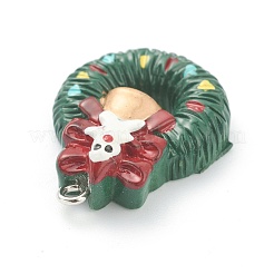 樹脂チャーム  クリスマスフェスティバルのために  プラチナアイアンペグベイル付き  花輪  グリーン  30x22x8mm  穴：2mm&nbsp;RESI-O010-31