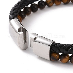 Двухслойный многожильный браслет из натуральных смешанных драгоценных камней с бусинами и кожаным шнуром из микрофибры BJEW-G658-04P