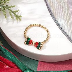 クリスマステーマの蝶結びガラスビーズストレッチリングリング  女性用真鍮ビーズ指輪  カラフル  内径：19mm&nbsp;RJEW-TA00132