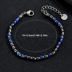 Braccialetti heishi con perline di lapislazzuli naturale e catenelle terminali in acciaio inossidabile 201.&nbsp;OQ4301-2