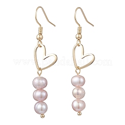 Латунные серьги-подвески в форме сердца с жемчужными бусинами&nbsp;EJEW-JE06901