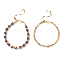 2 шт. 2 стильных браслета из круглых бусин из натурального тигрового глаза и синтетического гематита и цепочек из нержавеющей стали 304 для женщин&nbsp;BJEW-JB12800-01