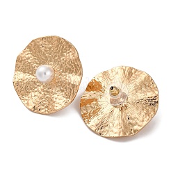 女性用合金＆プラスチックパールスタッドピアス  フラットラウンド  ゴールドカラー  36mm&nbsp;EJEW-U028-09G