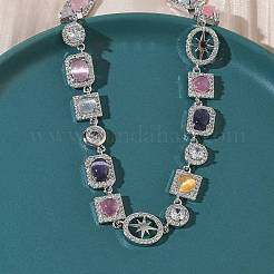 Теннисные ожерелья из латуни с микропаве из прозрачных кубических цирконий и разноцветными камнями кошачий глаз в форме прямоугольника&nbsp;NJEW-G183-05P