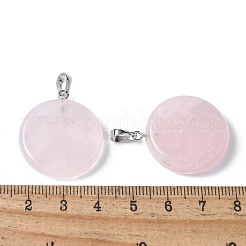 天然石ローズクォーツペンダント  プラチナトーンの真鍮製金具付きディスクチャーム  29x25x6mm  穴：7x4mm&nbsp;G-A259-04P-03