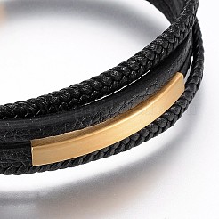 編組マイクロファイバー pu レザー コード マルチ 連 ブレスレット  304ステンレススチール製マグネット留め具付き  ゴールドカラー  8-1/4インチ（21cm）  4~5mm&nbsp;BJEW-K206-H-01G