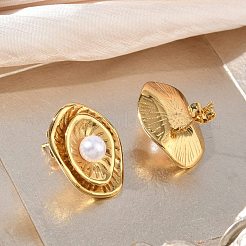 304ステンレススチール＆ABSプラスチックパールスタッドピアス  花  PVD真空メッキ  ゴールドカラー  23x17mm&nbsp;SA-CBA2696-37G