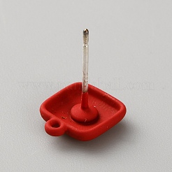 合金製スタッドピアスパーツ  水平ループ付き  正方形  レッド  10x8.5mm  穴：1mm  ピン：0.7x10.5mm&nbsp;FIND-WH20023-012E