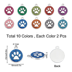 エナメルチャーム  プラチナメッキ合金のパーツとグリッターパウダー付き  犬の足のプリントとフラットラウンド  ミックスカラー  23x19x2.1mm  穴：2.1mm  10色  2個/カラー  20個/箱&nbsp;DIY-SC0012-88