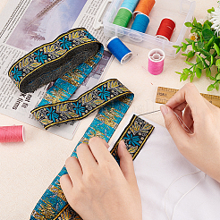 エスニック風刺繍ポリエステルリボン  葉の模様  淡いターコイズ  1-3/8インチ（34mm）  約7.66ヤード（7m）/ロール&nbsp;OCOR-WH0067-74G