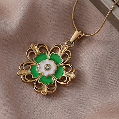 Женские кулоны-цветы из хирургической нержавеющей стали 316 с эмалью зеленого цвета&nbsp;AT0349