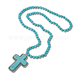 Сплав паве окрашенный синтетический бирюзовый крест кулон 8 мм круглые бусины ожерелья для женщин NJEW-WH20816-005AS