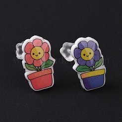 アクリル製の可愛い植物のスタッドピアス プラピン付き  女性のための非対称イヤリング  カラフル  14x8mm  ピン：0.9mm&nbsp;EJEW-F293-01A