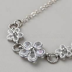 Bracciali in ottone micro pavé con zirconi cubici trasparenti e maglie a forma di fiore per donna&nbsp;BJEW-WH0012-52P