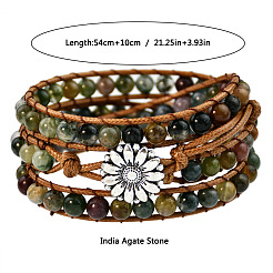 Braccialetti avvolgenti regolabili da donna con perline rotonde in agata indiana naturale e fiore in lega.&nbsp;WGB06FC-01