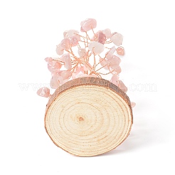 Natürliche Rosenquarzsplitter mit messingumwickeltem Geldbaum aus Draht auf Holzsockel als Dekoration&nbsp;DJEW-B007-05G