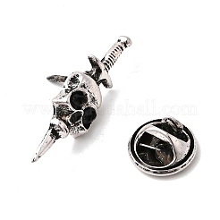 ハロウィン用の合金製ラペルピン（バックパック用）  頭蓋骨と短剣  アンティークシルバー  29.5x9mm&nbsp;JEWB-C051-01D-AS