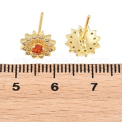 真鍮製 マイクロパヴェ キュービックジルコニア スタッドピアス 女性用  花  カドミウムフリー＆鉛フリー  長持ちメッキ  ラックめっき  18KGP本金メッキ  レッドオレンジ  9mm&nbsp;KK-A305-04G-01