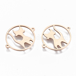 304ステンレススチールリンクコネクター  レーザー切断  猫とフラットラウンド  ローズゴールド  15x18x1mm  穴：0.8mm&nbsp;STAS-S116-095RG
