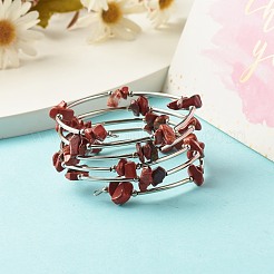 女性用5ループナチュラルレッドジャスパーチップビーズラップブレスレット  スチール形状記憶ワイヤーブレスレット  プラチナ  内径：2-1/8インチ（5.45cm）&nbsp;BJEW-JB01517-04