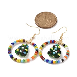 Кольцо из стеклянных зерен и серьги-подвески в виде рождественской елки лэмпворк EJEW-TA00231