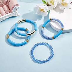 4 個 4 スタイル アクリル分厚いカーブチューブ ストレッチ ブレスレット セット  ポリマークレイとガラスビーズの積み重ね可能な女性用ブレスレット  ドジャーブルー  内径：2-1/8インチ（5.3cm）  1個/スタイル&nbsp;BJEW-SW00074-03
