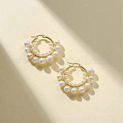 ナチュラルパールビーズフープピアス  女性用304ステンレススチールワイヤーラップジュエリー  18KGP本金メッキ  36x40x8mm  ピン：0.6~1.2x0.6mm&nbsp;EJEW-JE05168-02