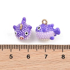 合金エナメルチャーム  フグのチャーム  ゴールドカラー  紫色のメディア  13.5x12x14.5mm  穴：1.5mm&nbsp;AL-CBA8C77-03G-03