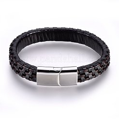 編み込みレザーコードブレスレット  304ステンレススチール製マグネット留め具付き  ココナッツブラウン  8-5/8インチ（22cm）  12mm&nbsp;BJEW-F349-03P-03