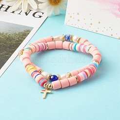 5 pièces 5 style fait à la main en argile polymère stretch & laiton perles & alliage lien chaîne bracelets ensemble&nbsp;BJEW-SZ0001-66A