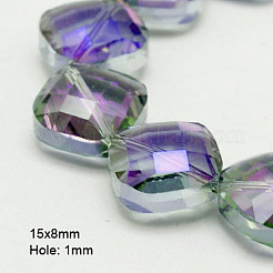 電気メッキガラスビーズ  半分メッキ  多面カット  正方形  ライトブルー  15x15x8mm  穴：1mm&nbsp;EGLA-D029-4