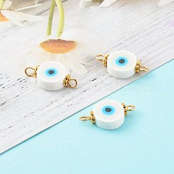 ナザールボンジュウポリマー粘土リンクコネクターを備えたフラットラウンド  304ステンレススチールアイピン付き  合金デイジースペーサービーズ  ゴールドカラー  ホワイト  10x19x4~4.5mm  穴：2~2.5mm&nbsp;PALLOY-JF00730