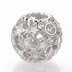 Messing Mikro ebnen Zirkonia European Beads, mit Emaille, Großloch perlen, Unterlegscheibe mit Stern, Platin Farbe, weiß, 10x11.5 mm, Bohrung: 4 mm