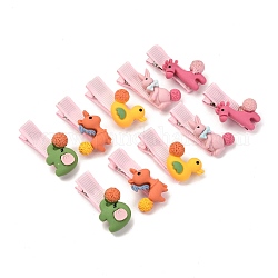Iron Alligator Hair Clips Sets, with Cloth & Acrylic Cabochons, Mixed Shapes, Mixed Color, 38~40x18~22x12~15mm, 10pcs/set