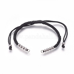 Nylon Cord Braided Bead Bracelets Making, with Brass Beads, Long-Lasting Plated, Real Platinum Plated, Black, 10-1/4 inch~11-5/8 inch(26~29.6cm)