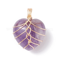 Natural Amethyst Pendants, with Light Gold Tone Copper Wire Wrapped, Heart, 26x21x16mm, Hole: 6mm